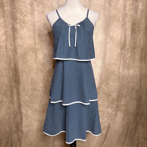 Vintage 70s Paper Moon by Yvette Tiered Layered Polka Dot Midi Dress Blue Sailor - Picture 1 of 11
